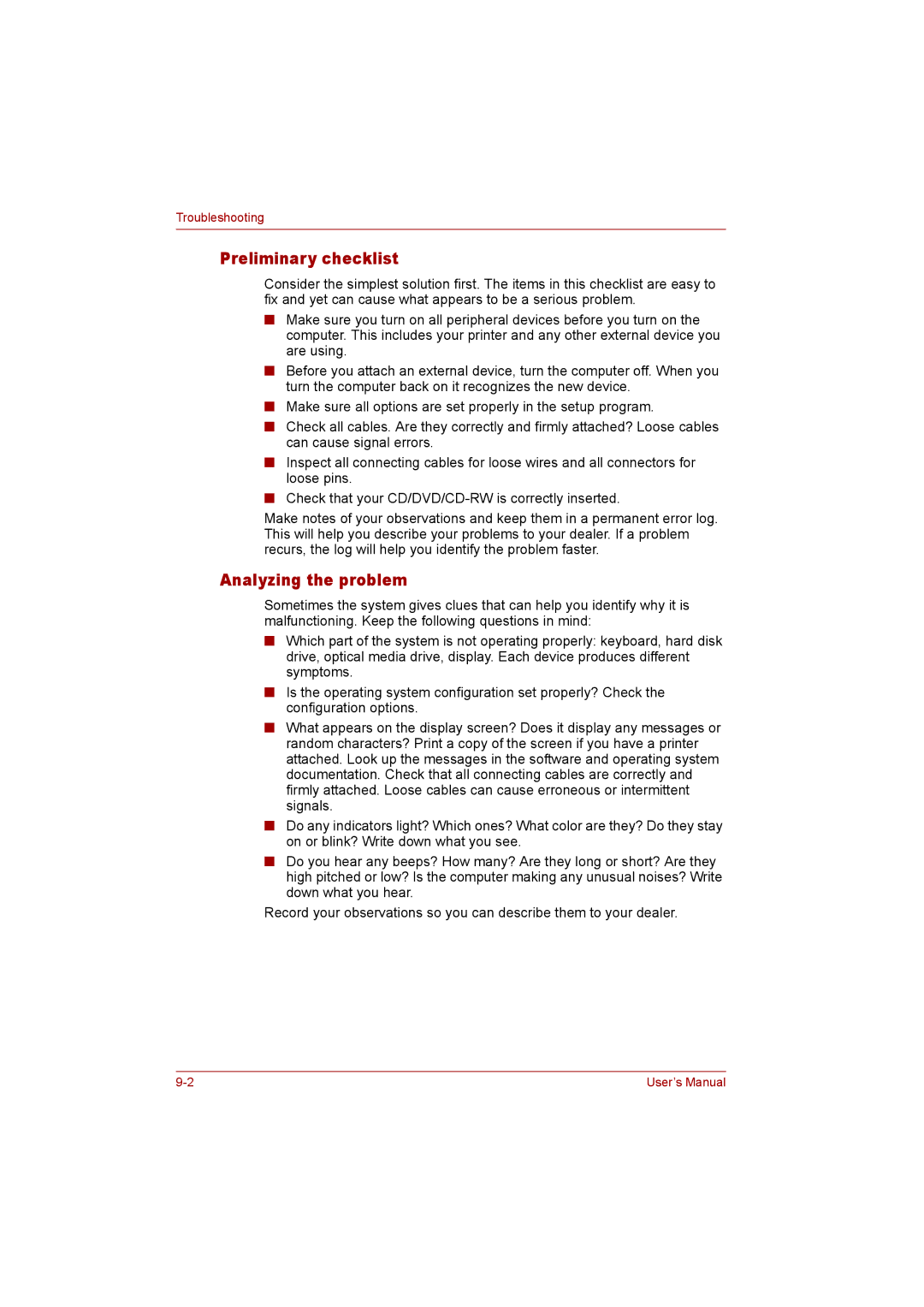 Toshiba P300 user manual Preliminary checklist, Analyzing the problem 