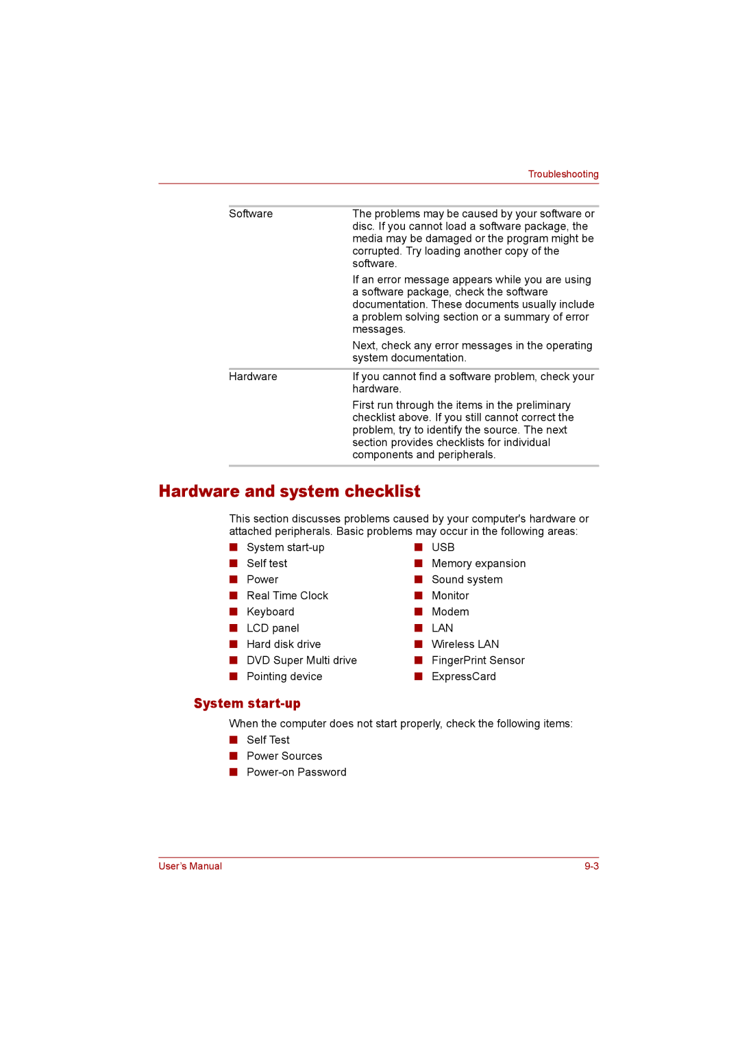 Toshiba P300 user manual Hardware and system checklist, System start-up 