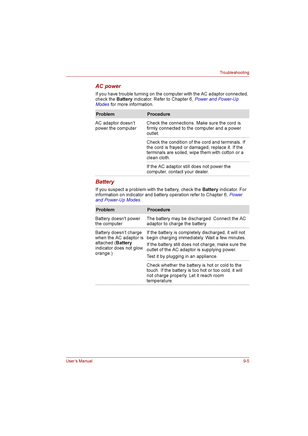 Toshiba P300 user manual AC power, Battery, Problem Procedure 