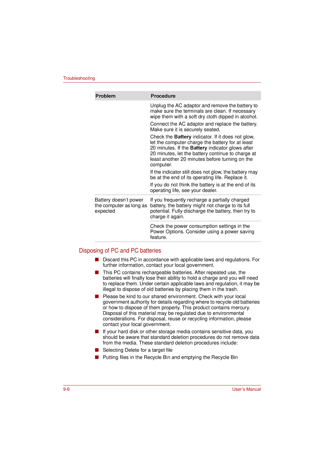 Toshiba P300 user manual Disposing of PC and PC batteries 