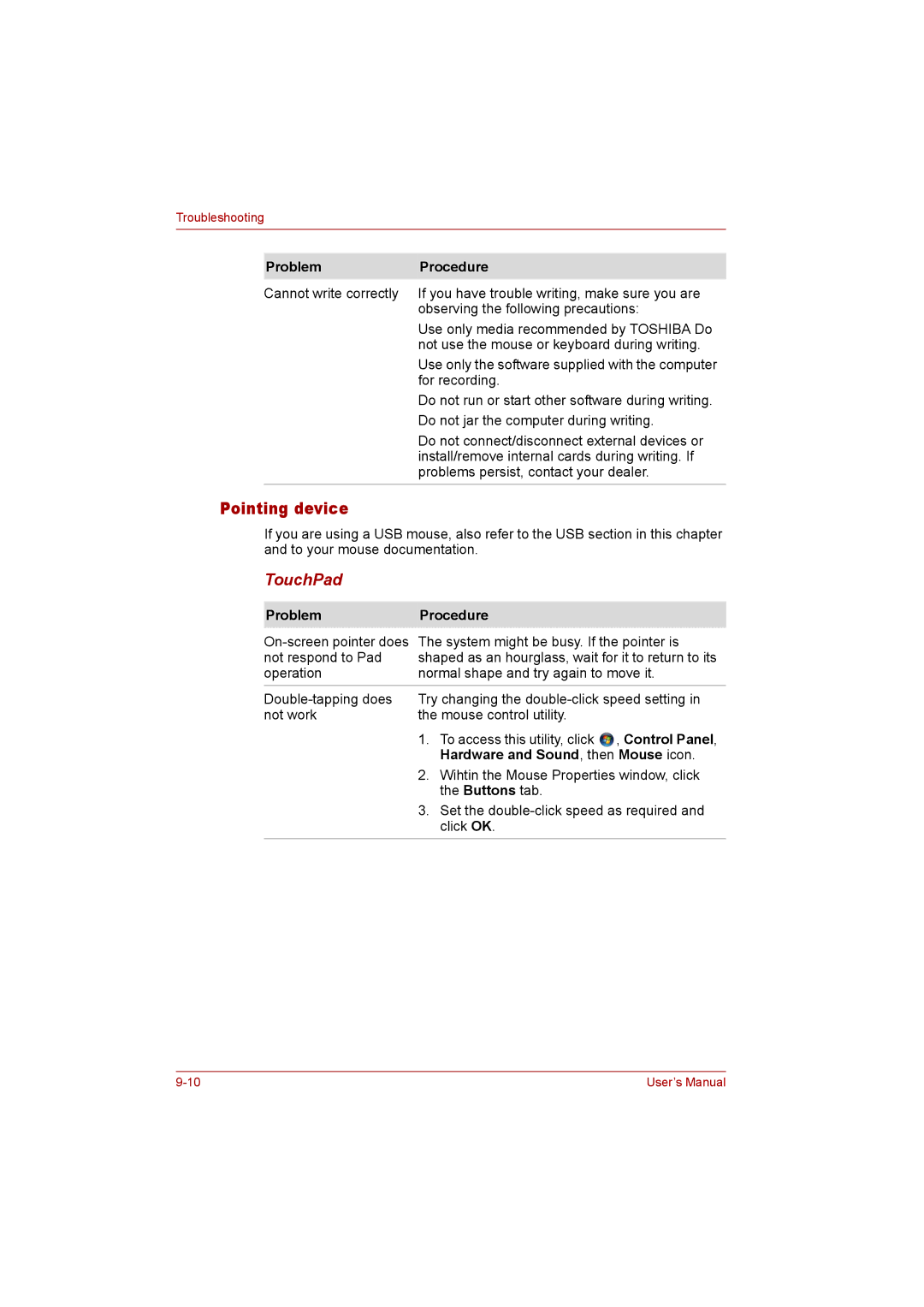 Toshiba P300 user manual Pointing device, TouchPad, Hardware and Sound , then Mouse icon 