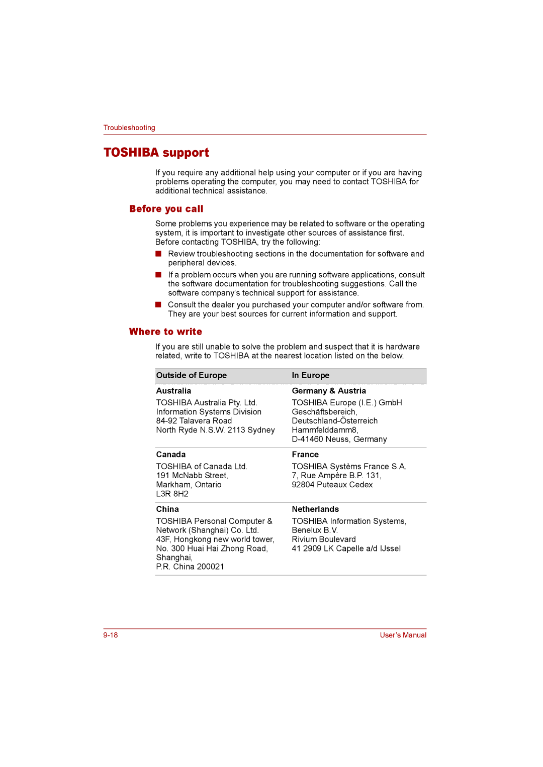 Toshiba P300 user manual Toshiba support, Before you call, Where to write 