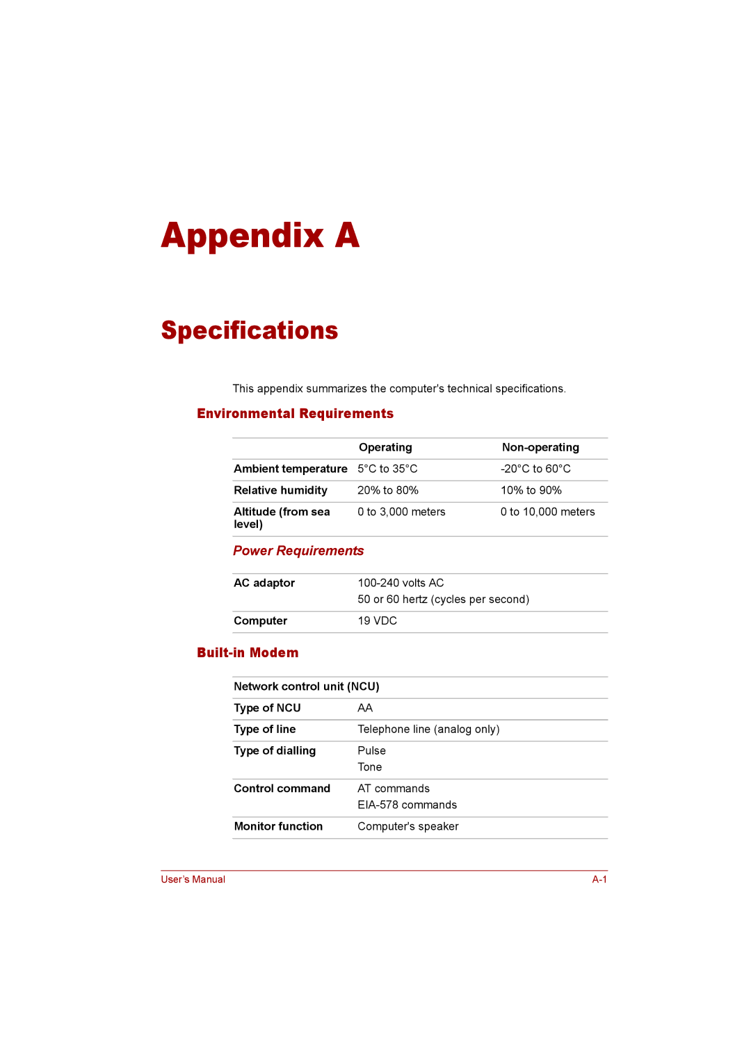 Toshiba P300 user manual Specifications, Environmental Requirements, Built-in Modem, Power Requirements 