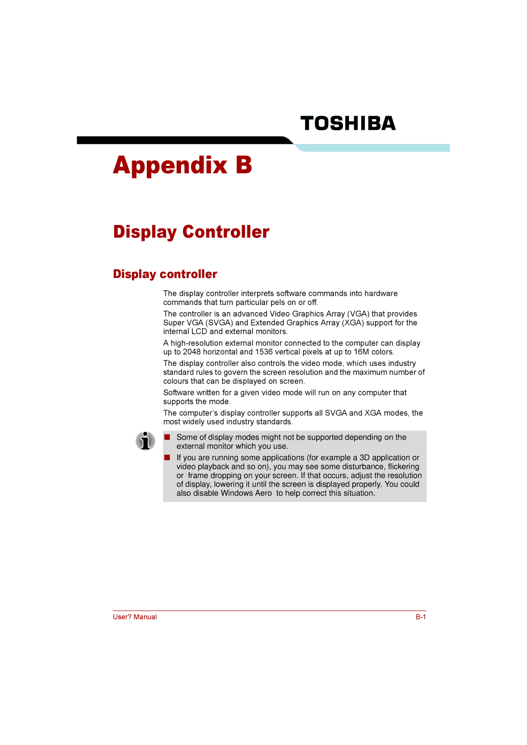 Toshiba P300 user manual Display Controller, Display controller 