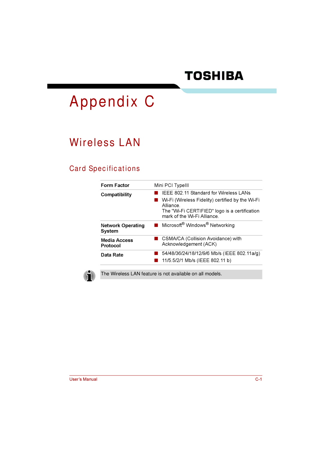 Toshiba P300 user manual Wireless LAN, Card Specifications 