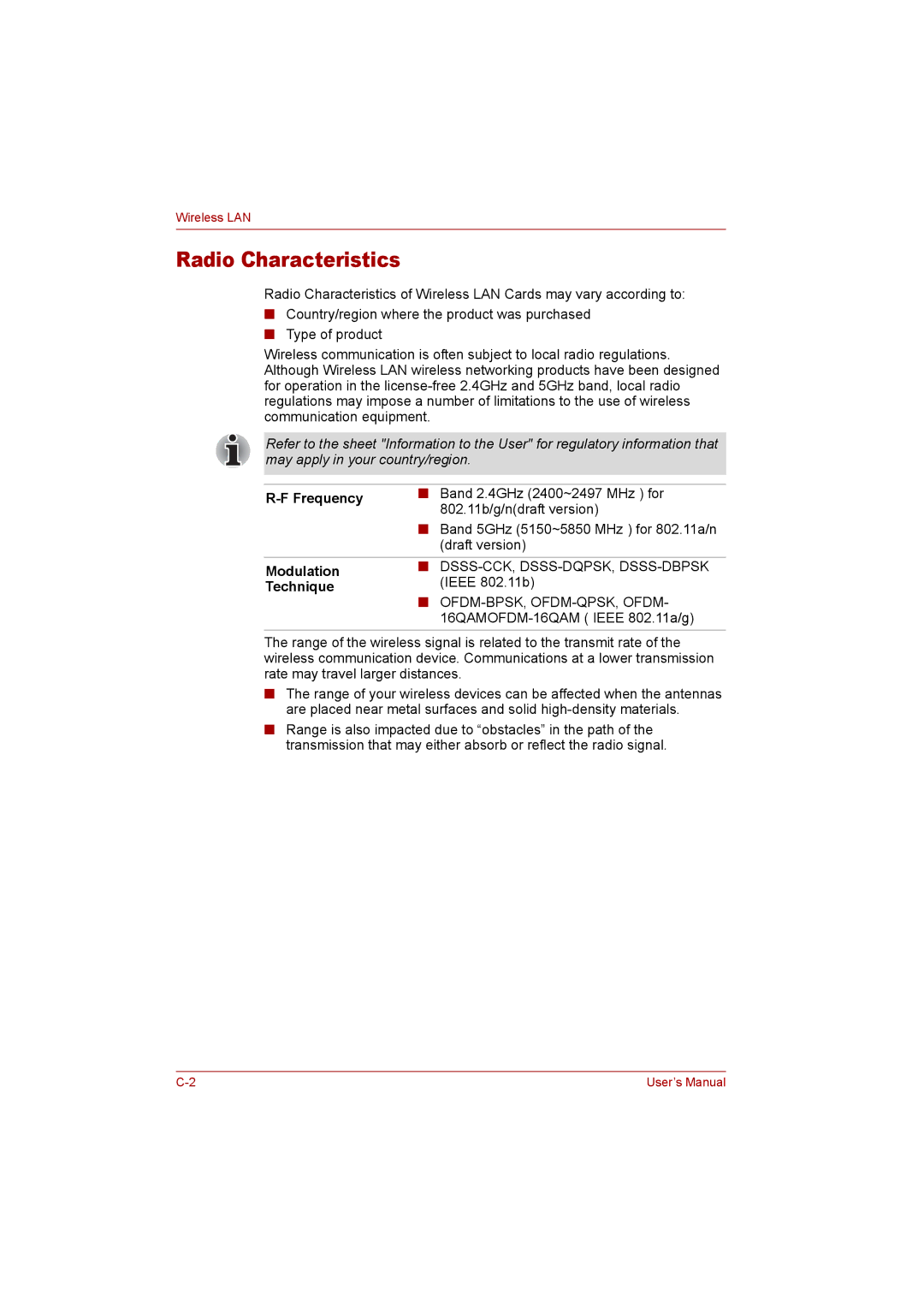 Toshiba P300 user manual Radio Characteristics, Frequency, Modulation, Technique 