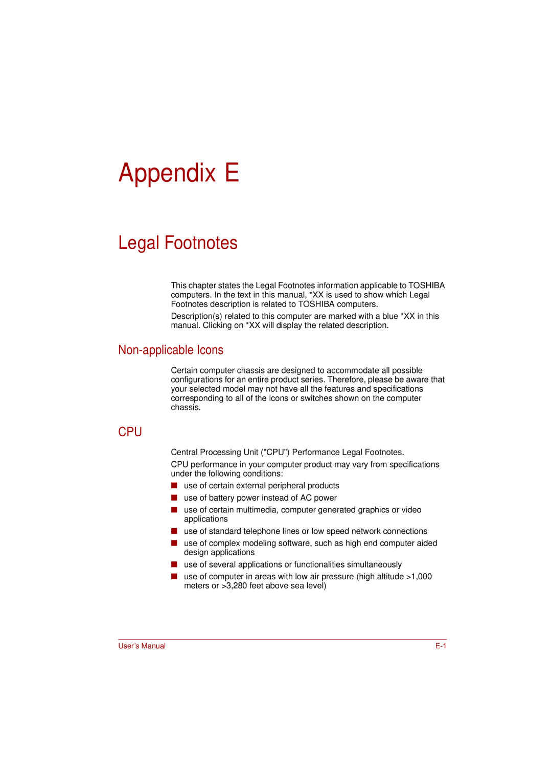 Toshiba P300 user manual Legal Footnotes, Non-applicable Icons 