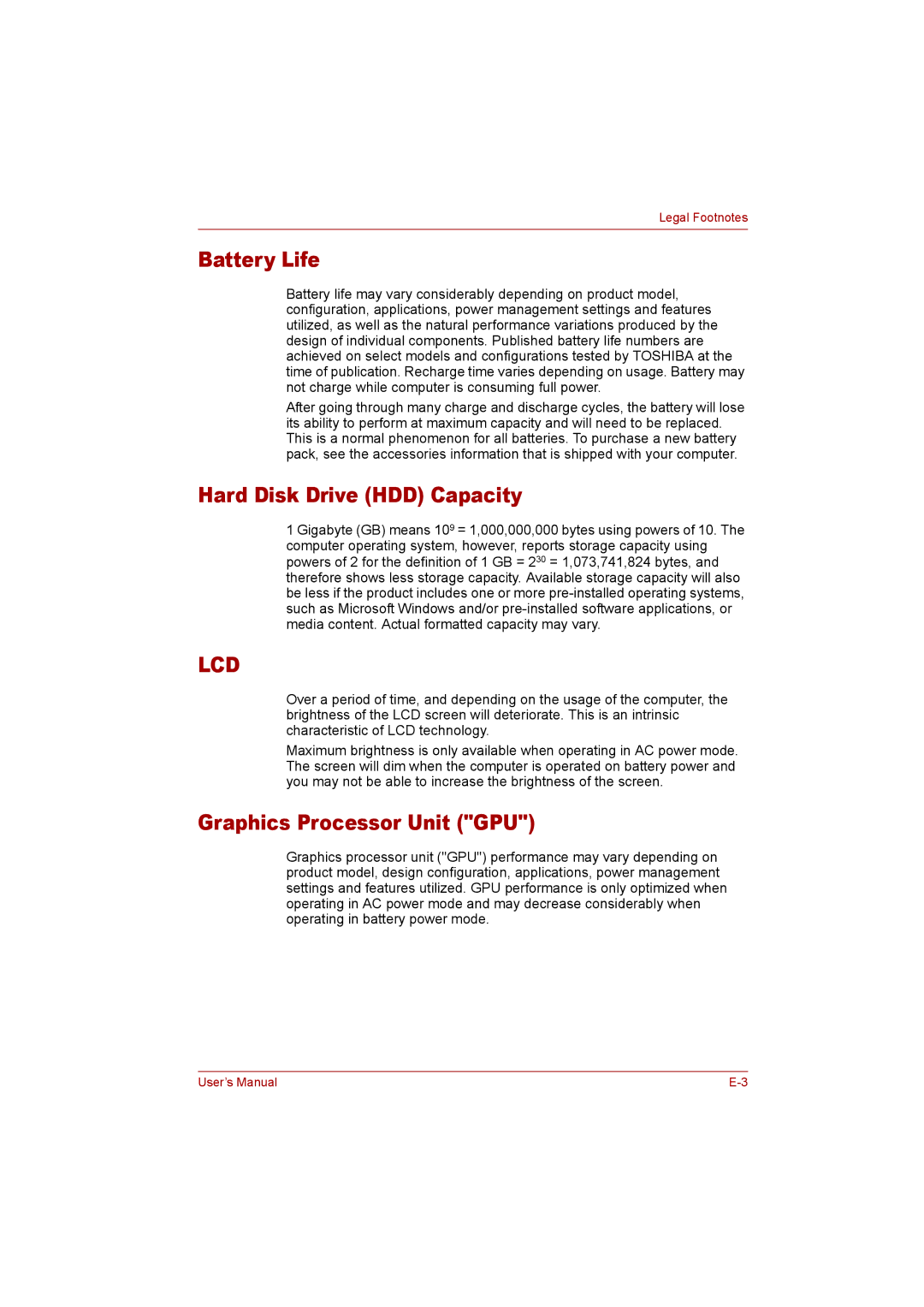 Toshiba P300 user manual Battery Life, Hard Disk Drive HDD Capacity, Graphics Processor Unit GPU 