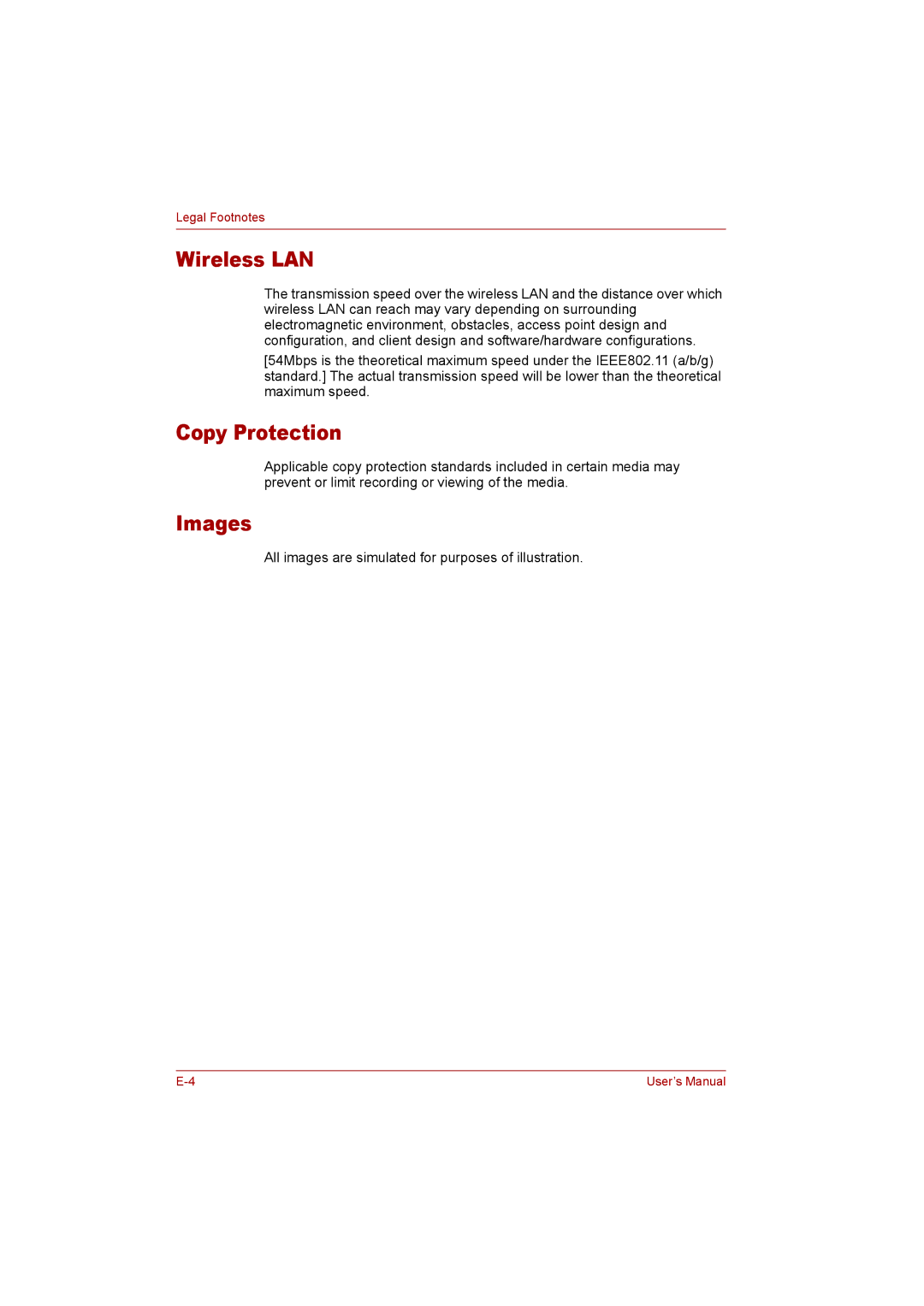 Toshiba P300 user manual Wireless LAN, Copy Protection, Images 