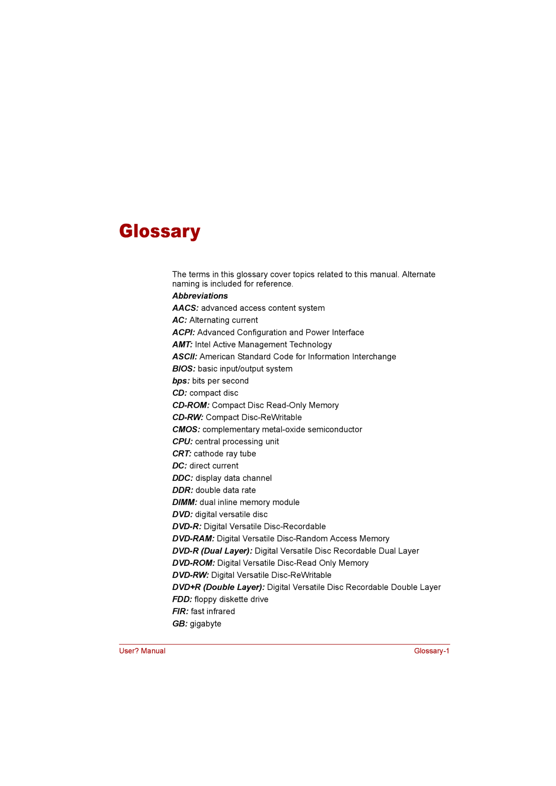 Toshiba P300 user manual Glossary, Abbreviations 