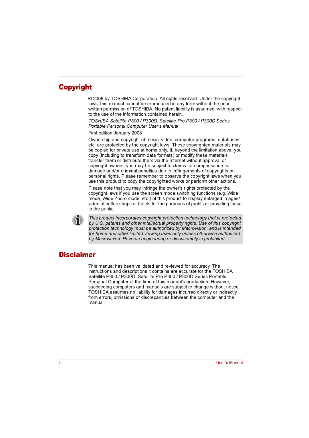 Toshiba P300 user manual Copyright, Disclaimer 