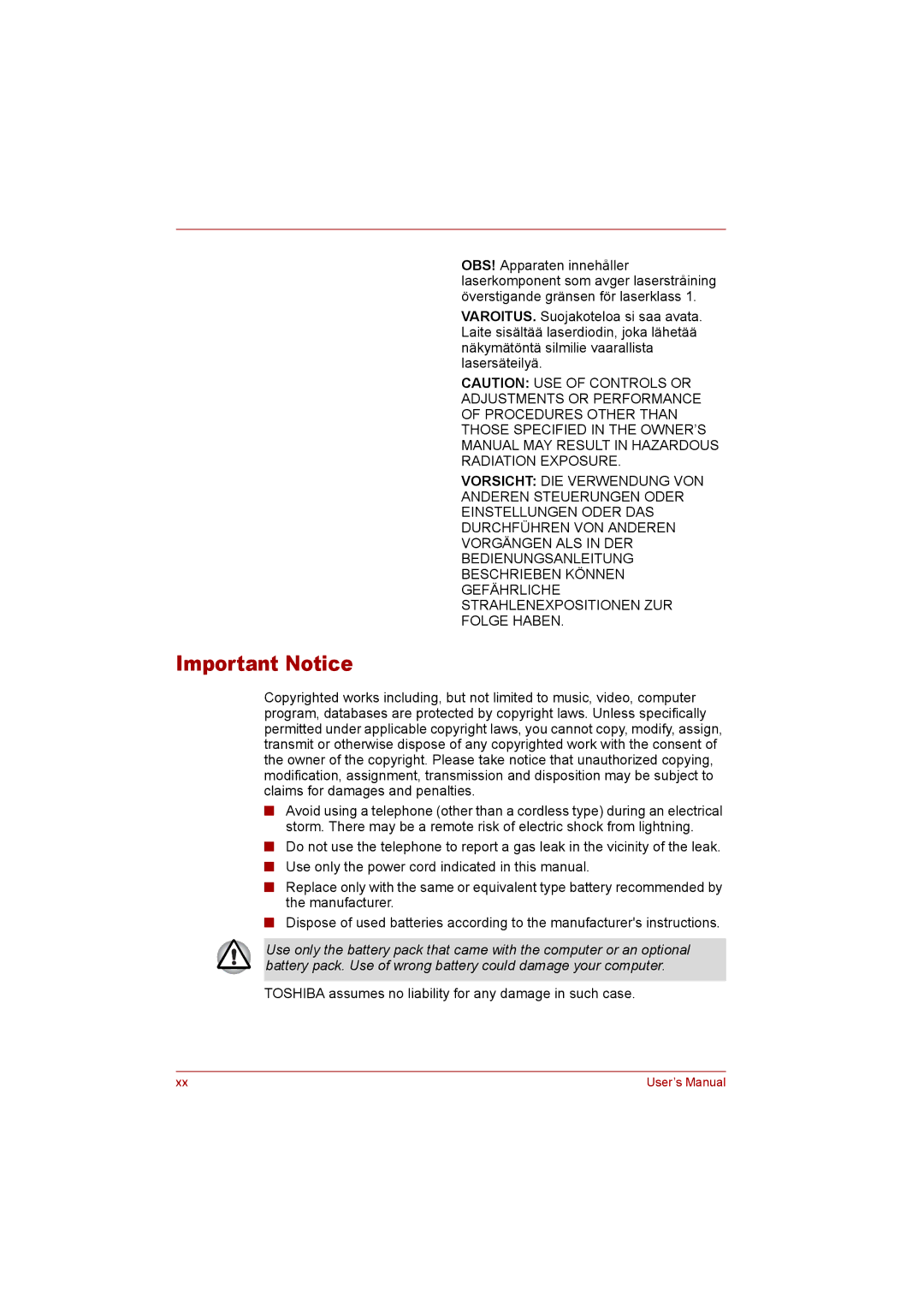 Toshiba P300 user manual Important Notice 