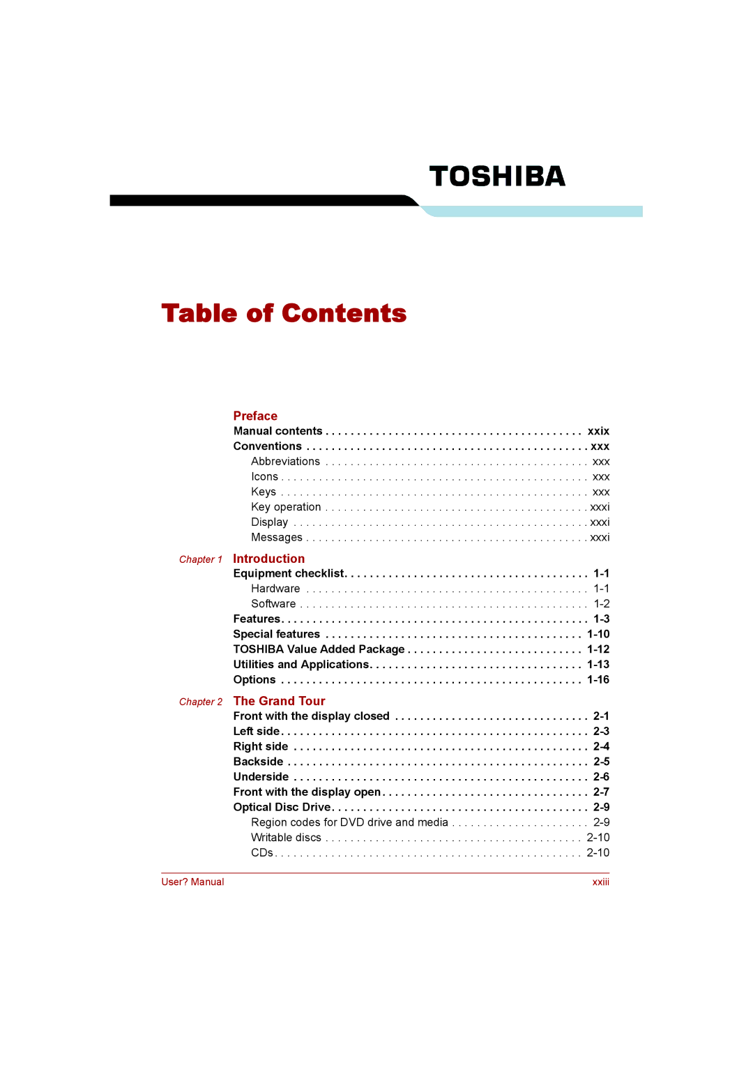 Toshiba P300 user manual Table of Contents 