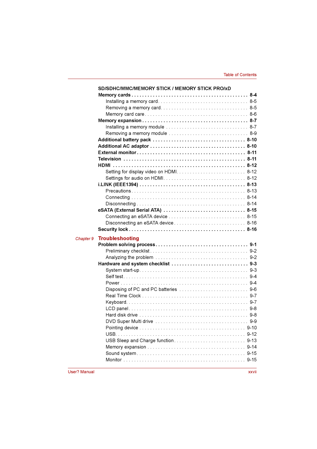 Toshiba P300 user manual Troubleshooting, Security lock 