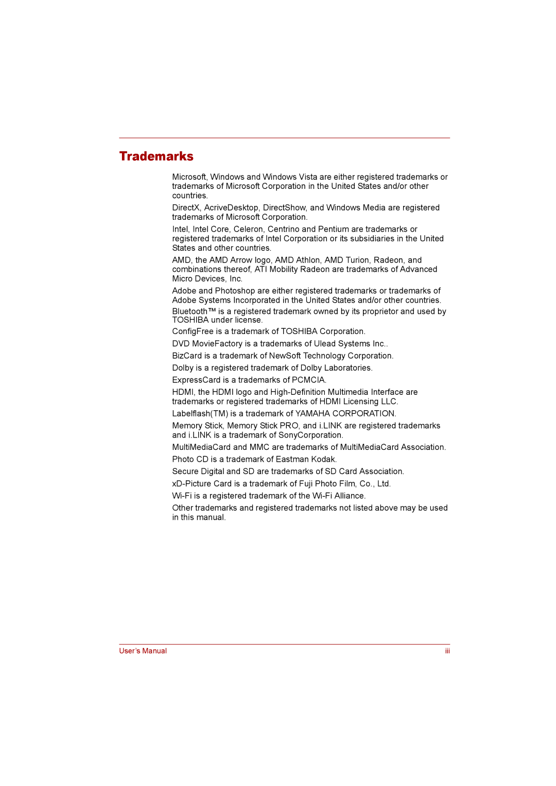 Toshiba P300 user manual Trademarks 