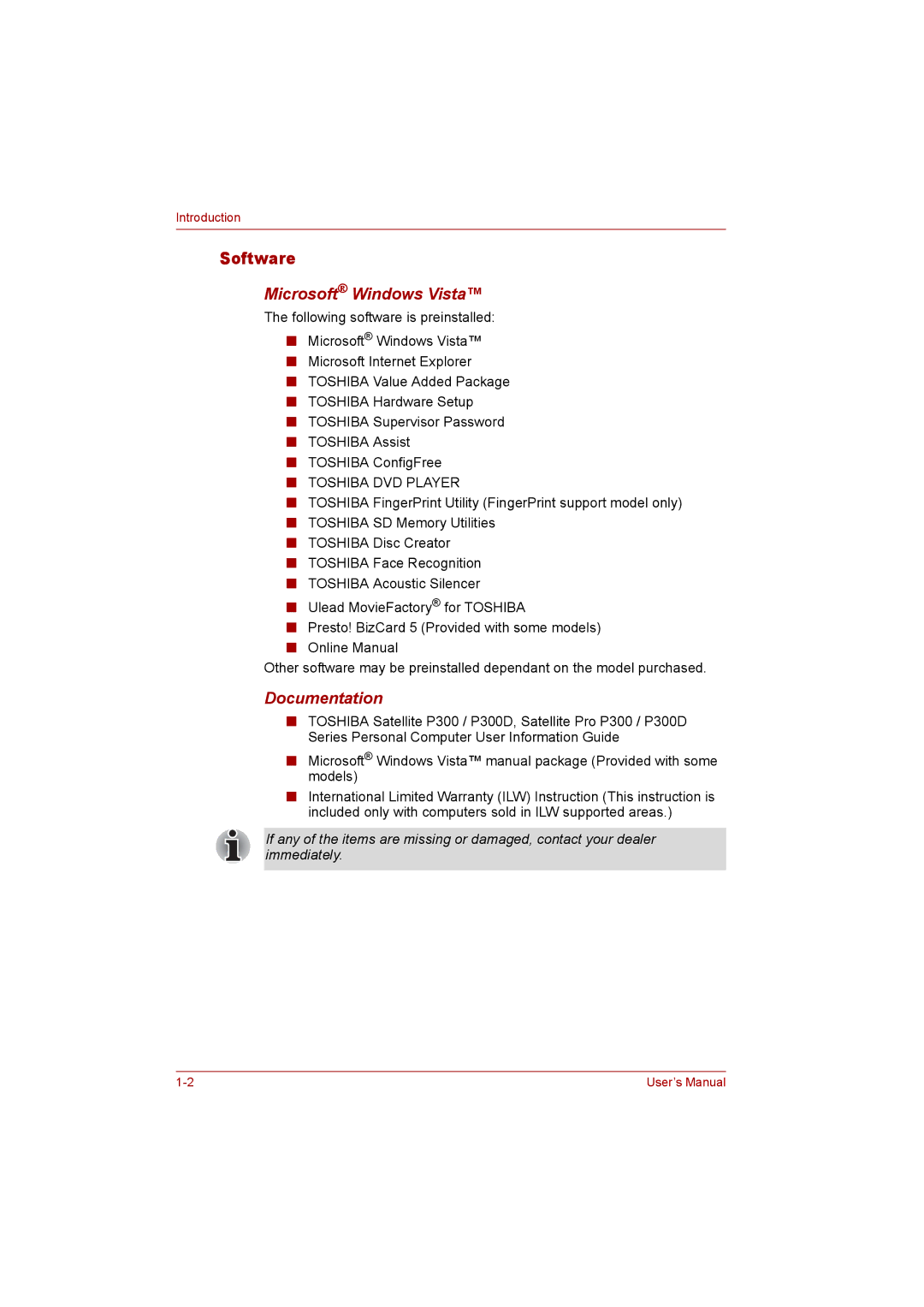 Toshiba P300 user manual Software, Microsoft Windows Vista, Documentation 