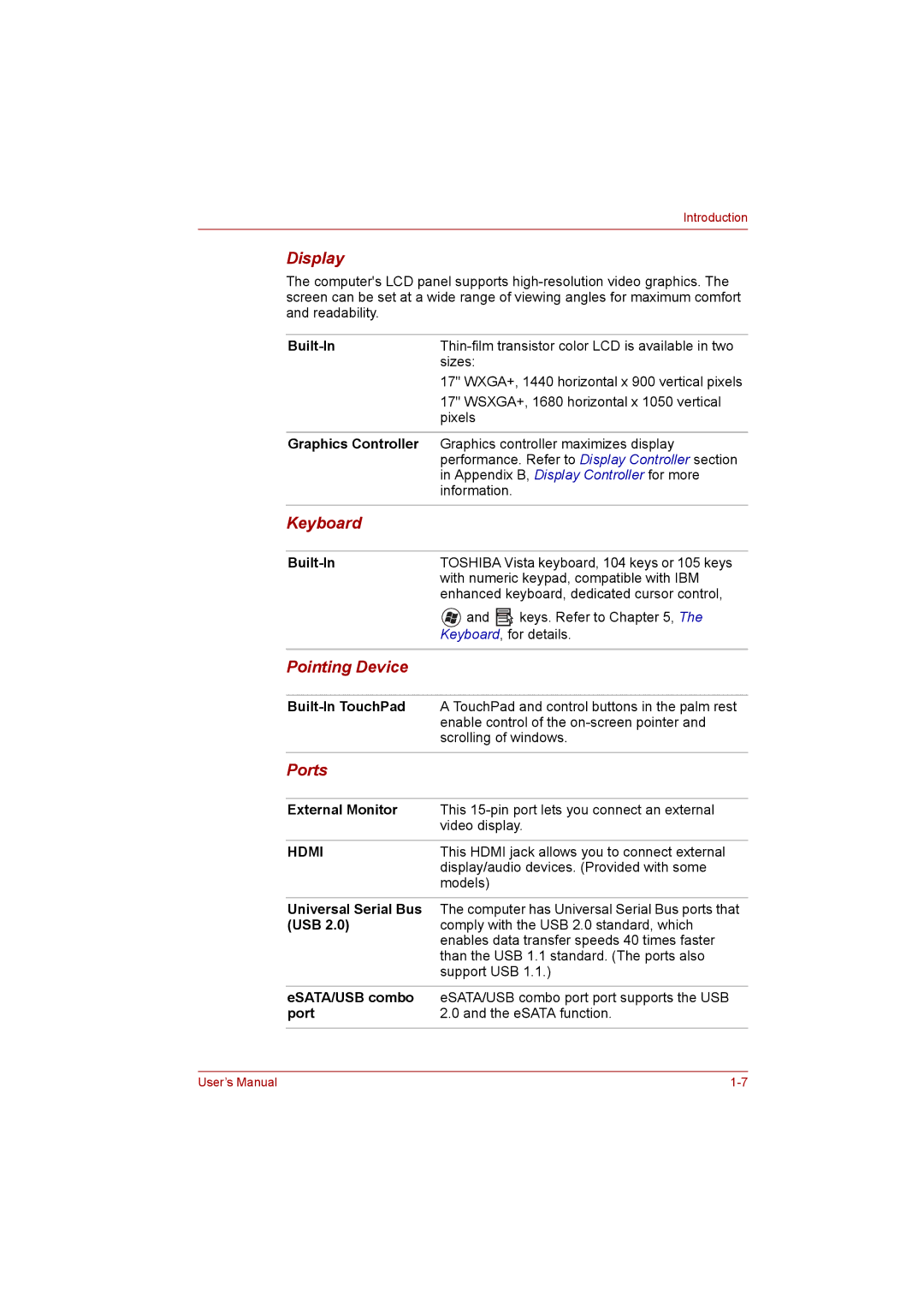 Toshiba P300 user manual Display, Keyboard, Pointing Device, Ports 