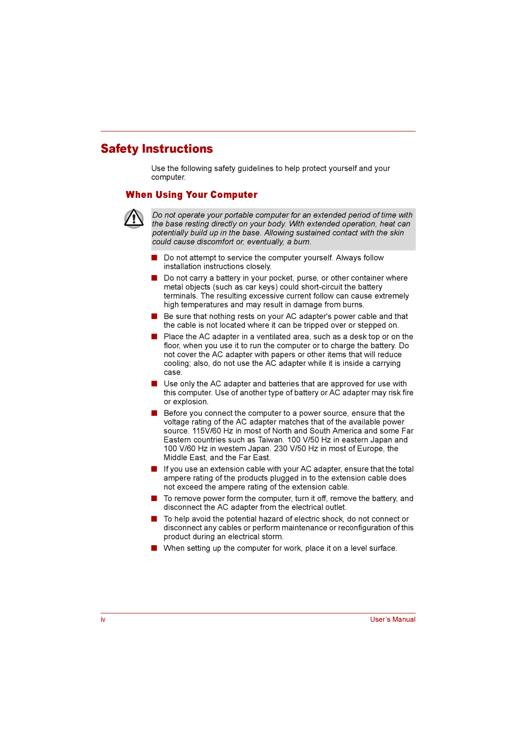 Toshiba P300 user manual Safety lnstructions, When Using Your Computer 