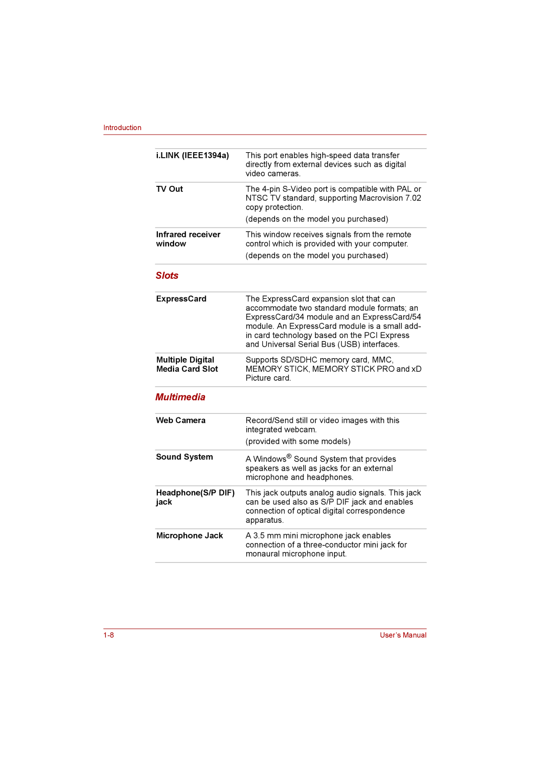 Toshiba P300 user manual Slots, Multimedia 