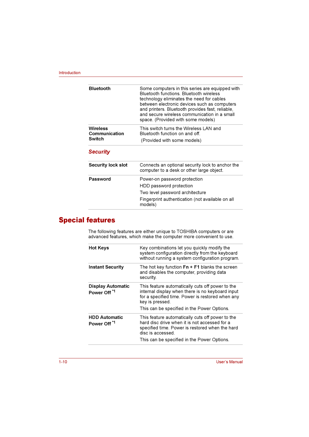 Toshiba P300 user manual Special features, Security 