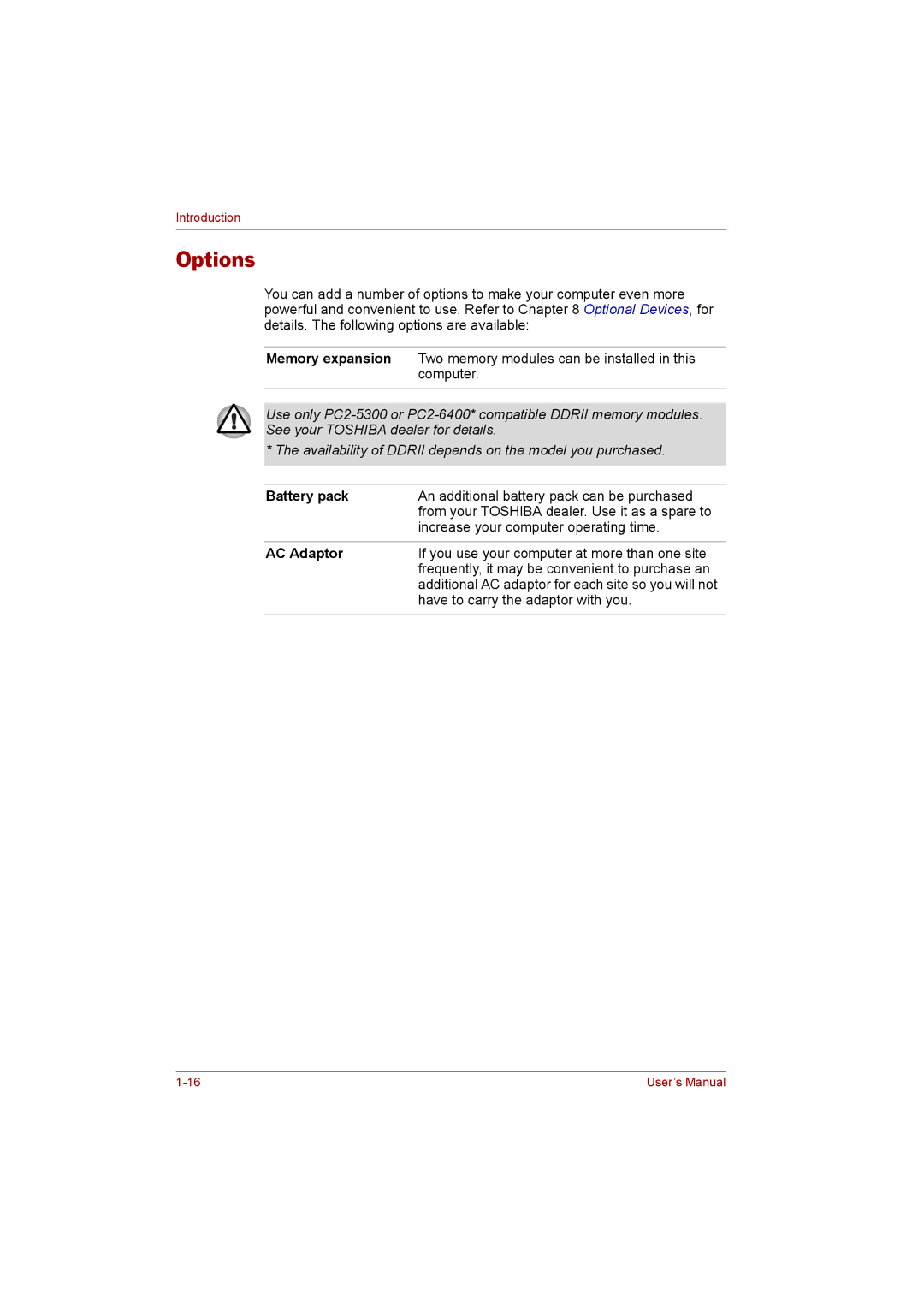 Toshiba P300 user manual Options, Battery pack 