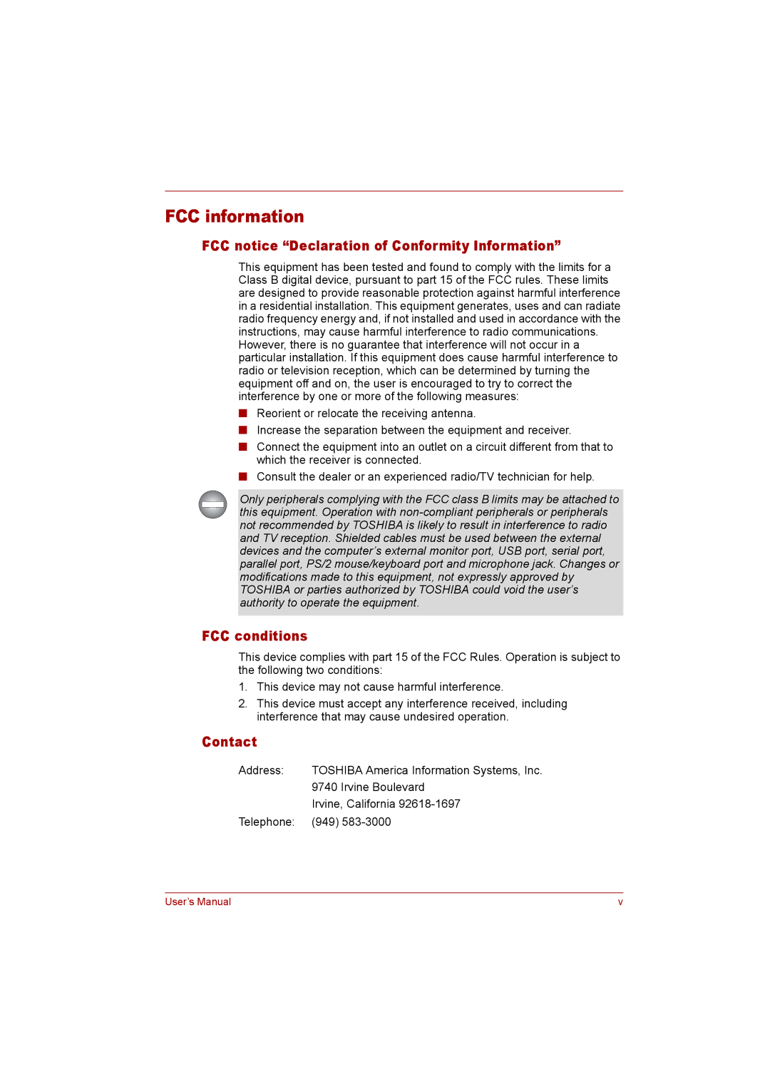 Toshiba P300 user manual FCC information, FCC notice Declaration of Conformity Information, FCC conditions, Contact 