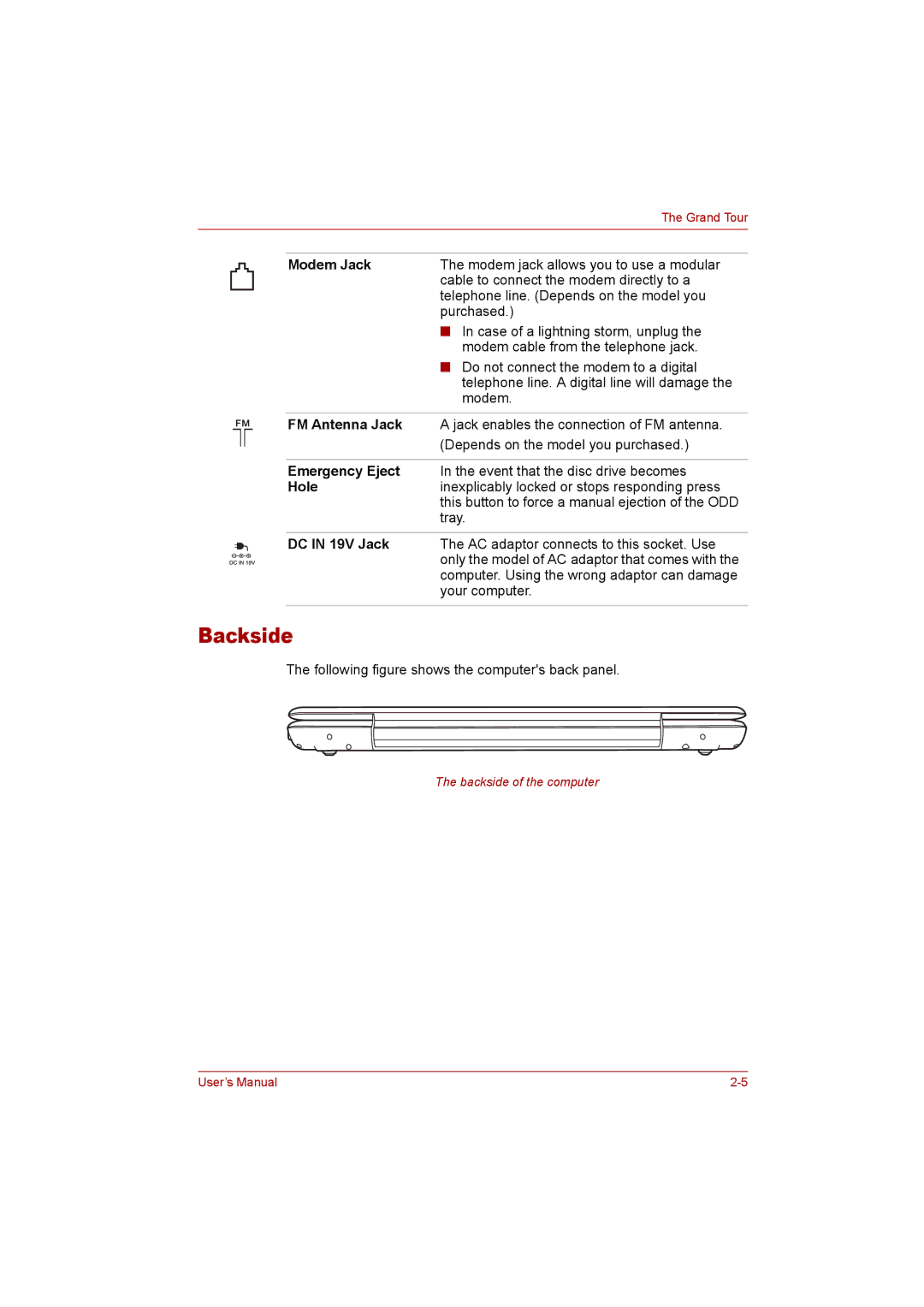 Toshiba P300 user manual Backside 