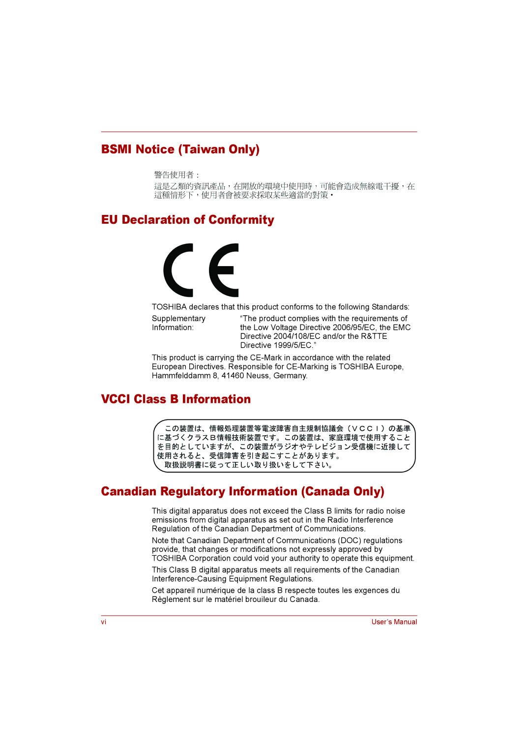 Toshiba P300 user manual Bsmi Notice Taiwan Only EU Declaration of Conformity 