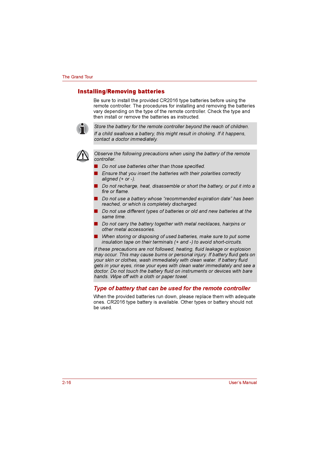 Toshiba P300 user manual Installing/Removing batteries, Type of battery that can be used for the remote controller 