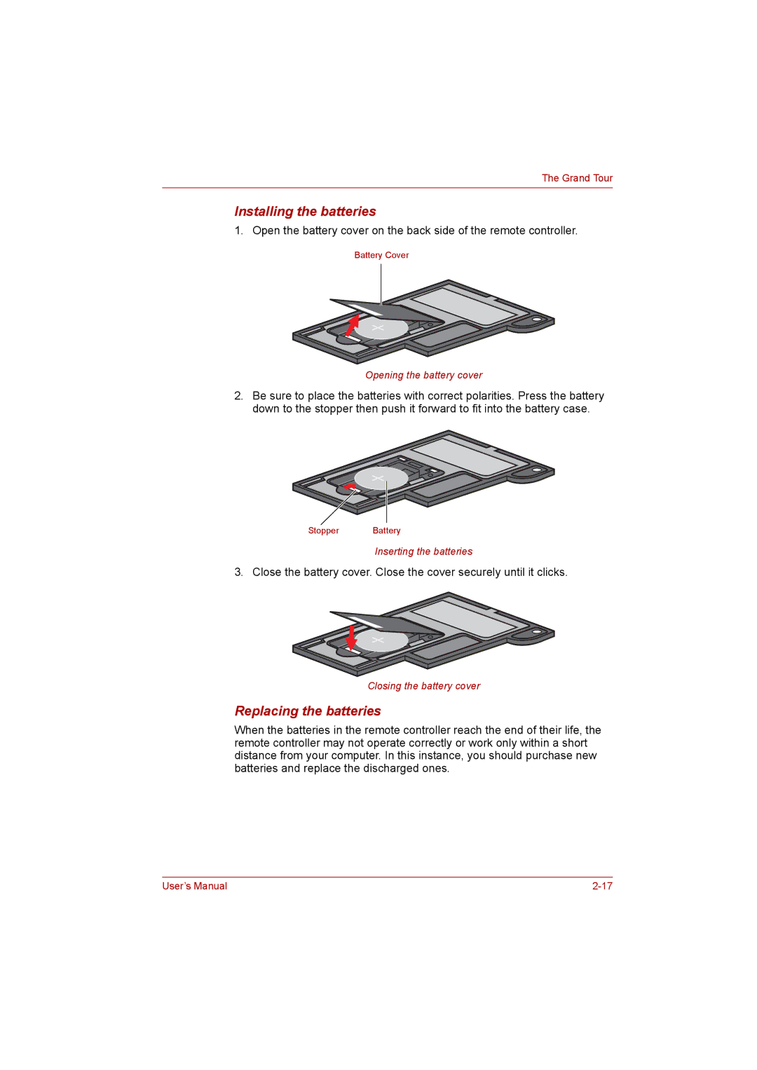 Toshiba P300 user manual Installing the batteries, Replacing the batteries 