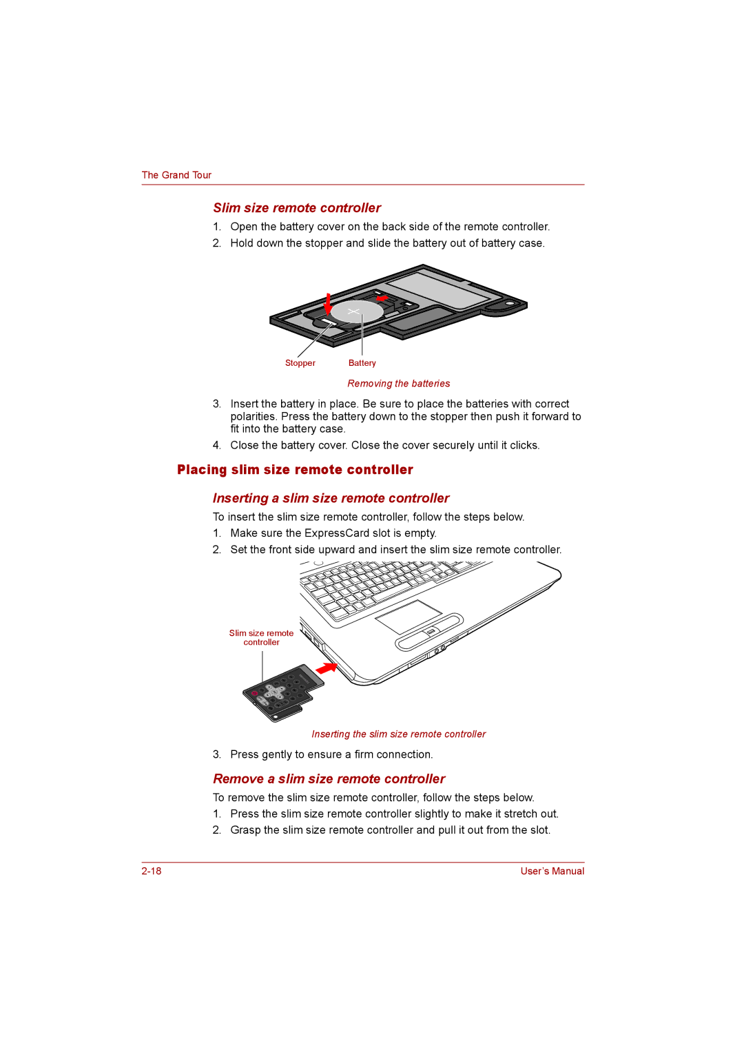 Toshiba P300 user manual Placing slim size remote controller, Inserting a slim size remote controller 