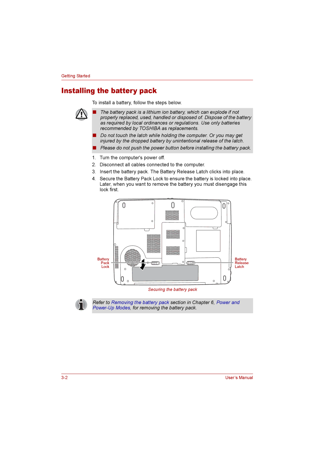 Toshiba P300 user manual Installing the battery pack 