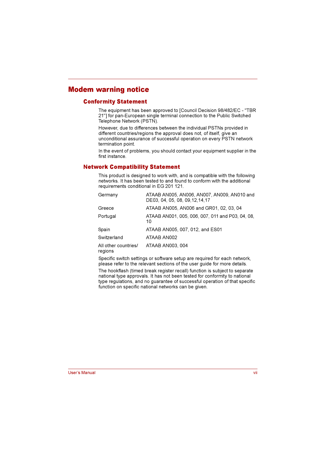 Toshiba P300 user manual Modem warning notice, Conformity Statement, Network Compatibility Statement 