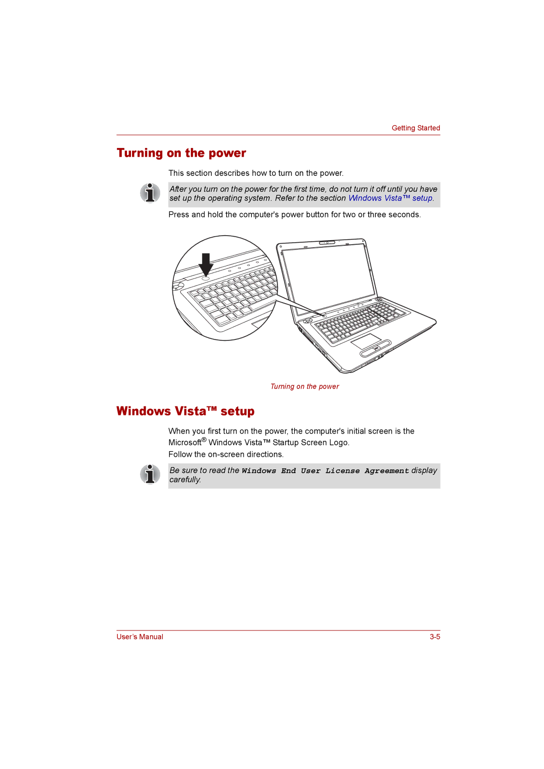 Toshiba P300 user manual Turning on the power, Windows Vista setup 