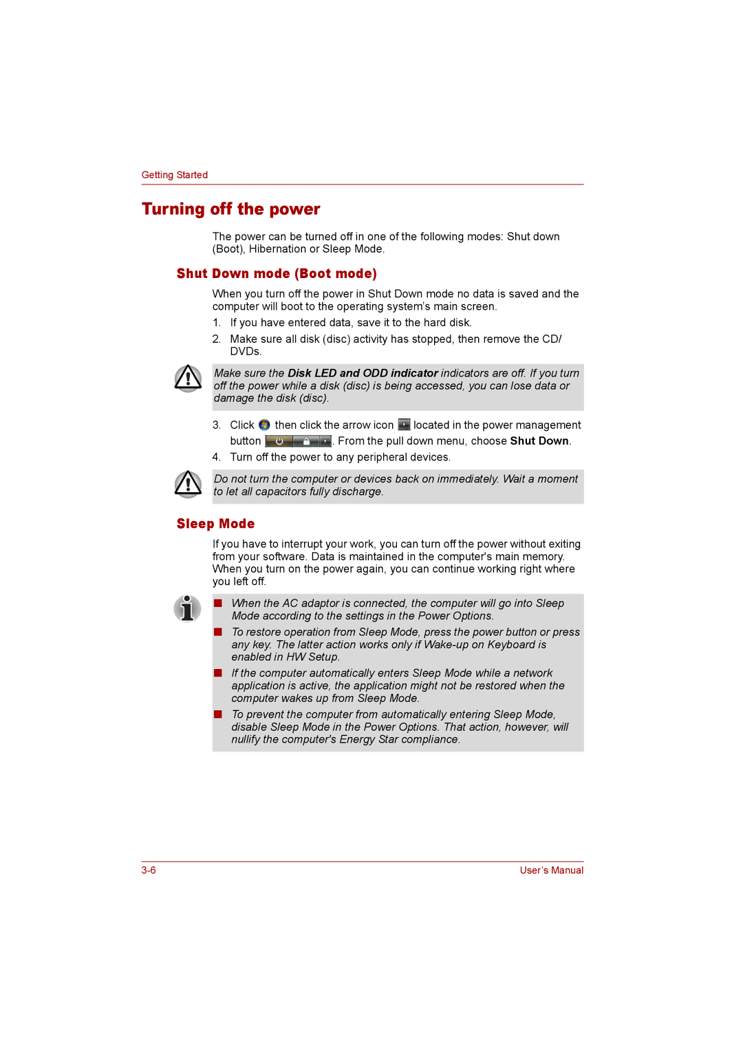 Toshiba P300 user manual Turning off the power, Shut Down mode Boot mode, Sleep Mode 