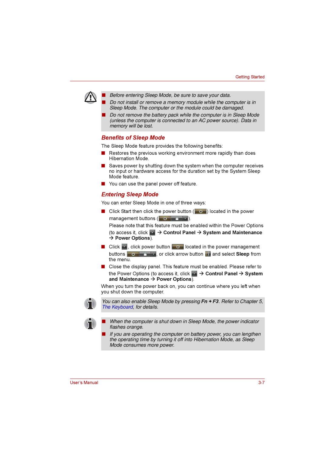 Toshiba P300 user manual Benefits of Sleep Mode, Entering Sleep Mode 