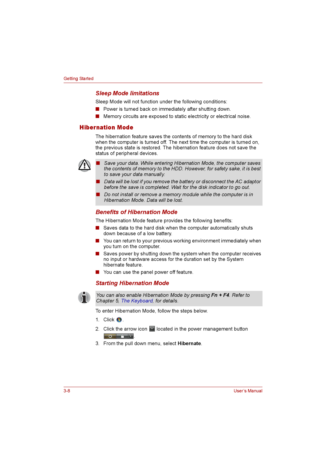 Toshiba P300 user manual Sleep Mode limitations, Benefits of Hibernation Mode, Starting Hibernation Mode 