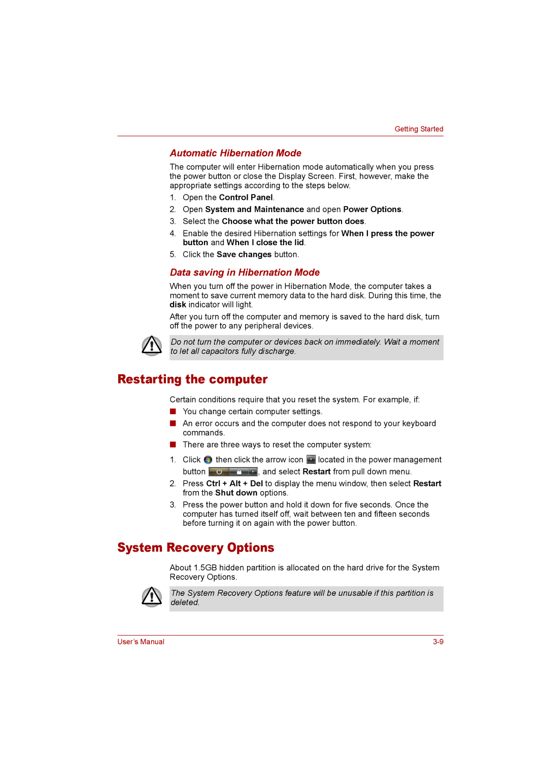 Toshiba P300 Restarting the computer, System Recovery Options, Automatic Hibernation Mode, Data saving in Hibernation Mode 