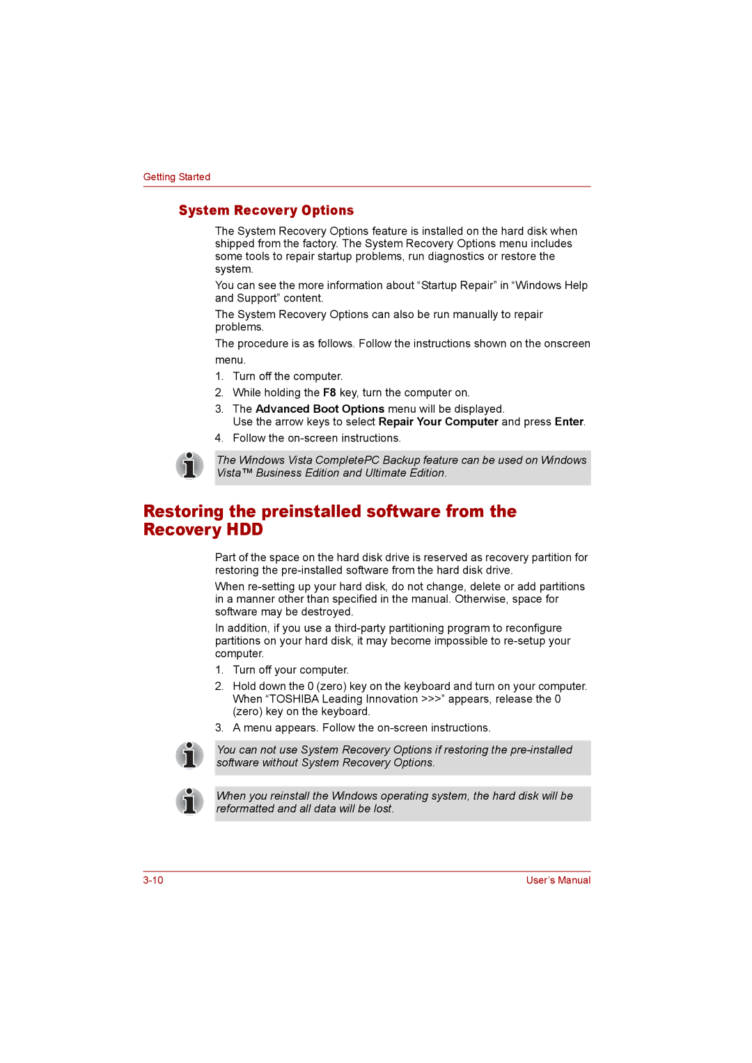 Toshiba P300 user manual Restoring the preinstalled software from the Recovery HDD, System Recovery Options 