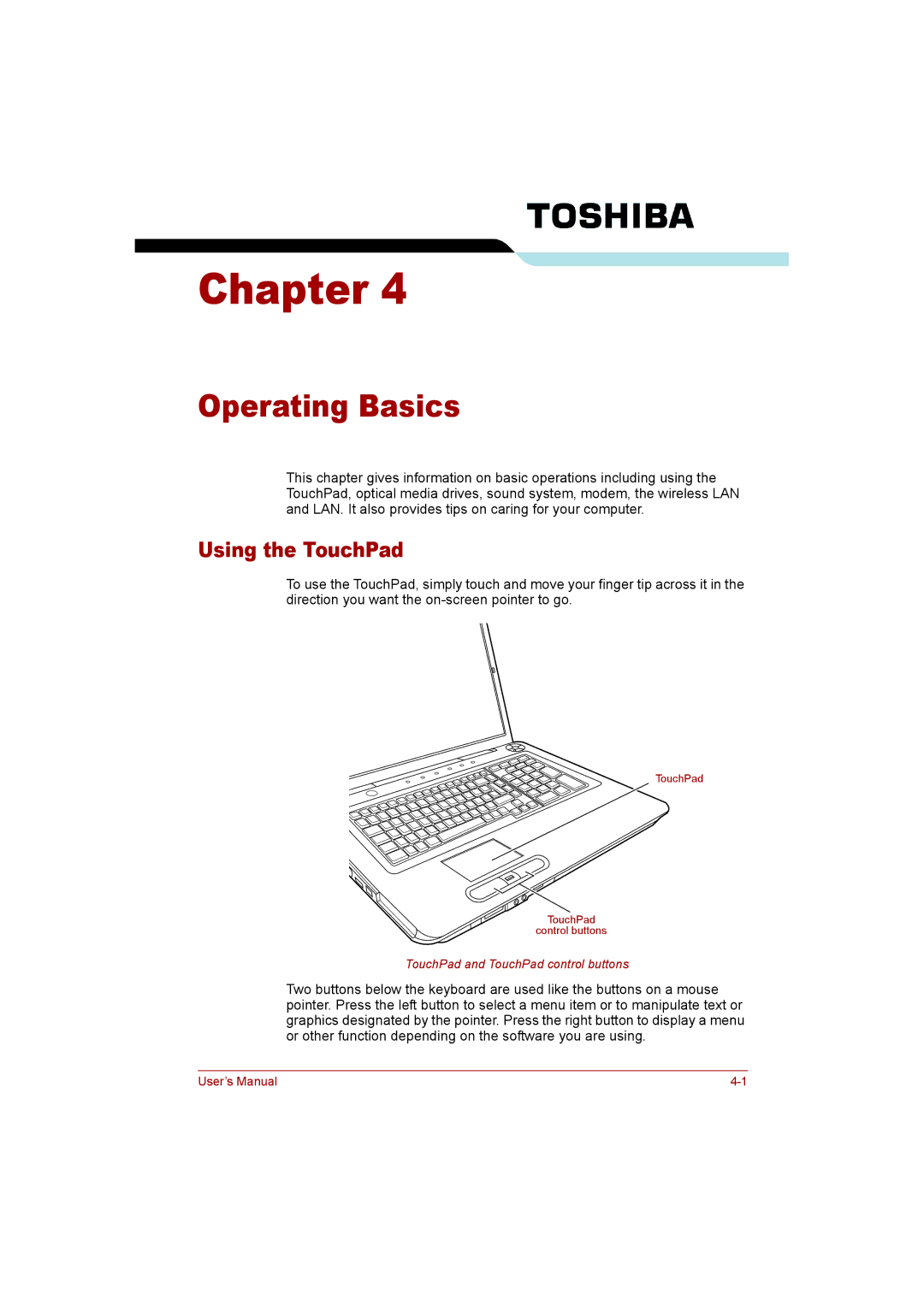 Toshiba P300 user manual Operating Basics, Using the TouchPad 