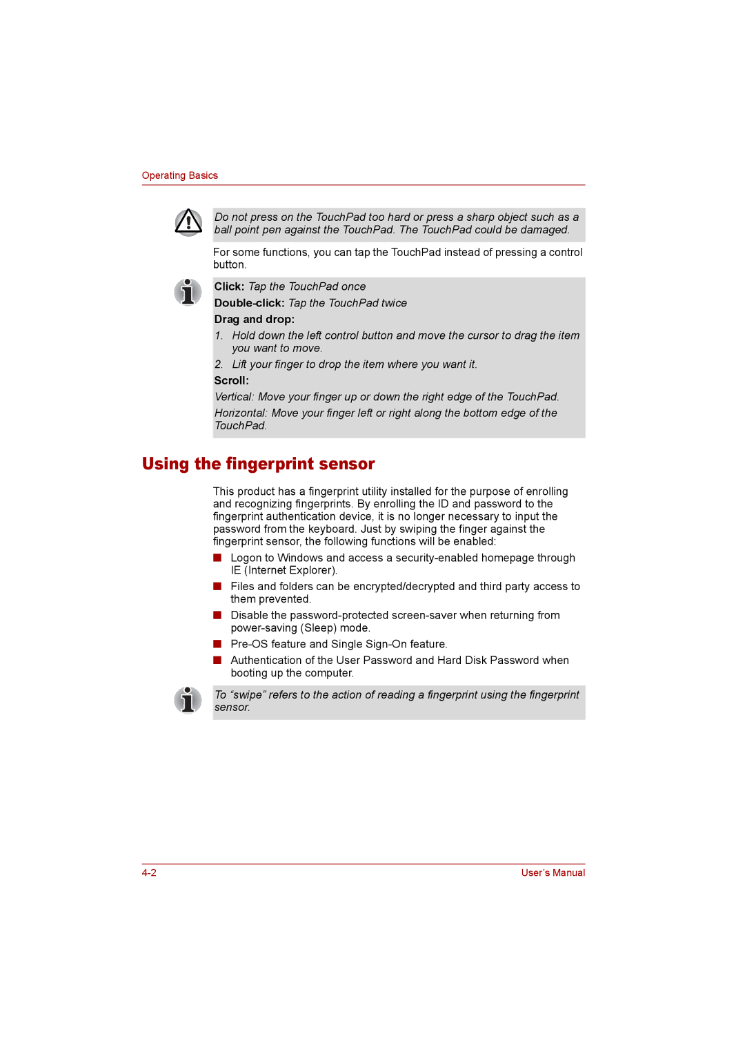 Toshiba P300 user manual Using the fingerprint sensor, Drag and drop, Scroll 