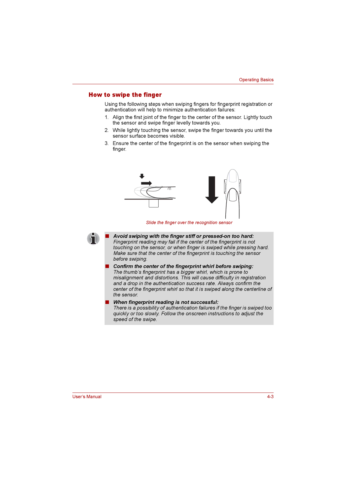 Toshiba P300 user manual How to swipe the finger 