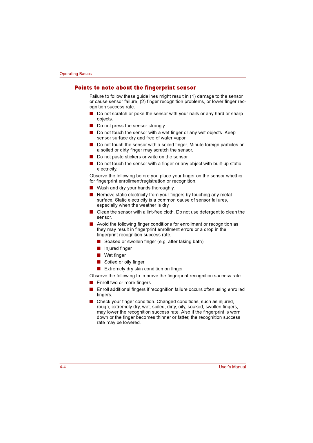 Toshiba P300 user manual Points to note about the fingerprint sensor 