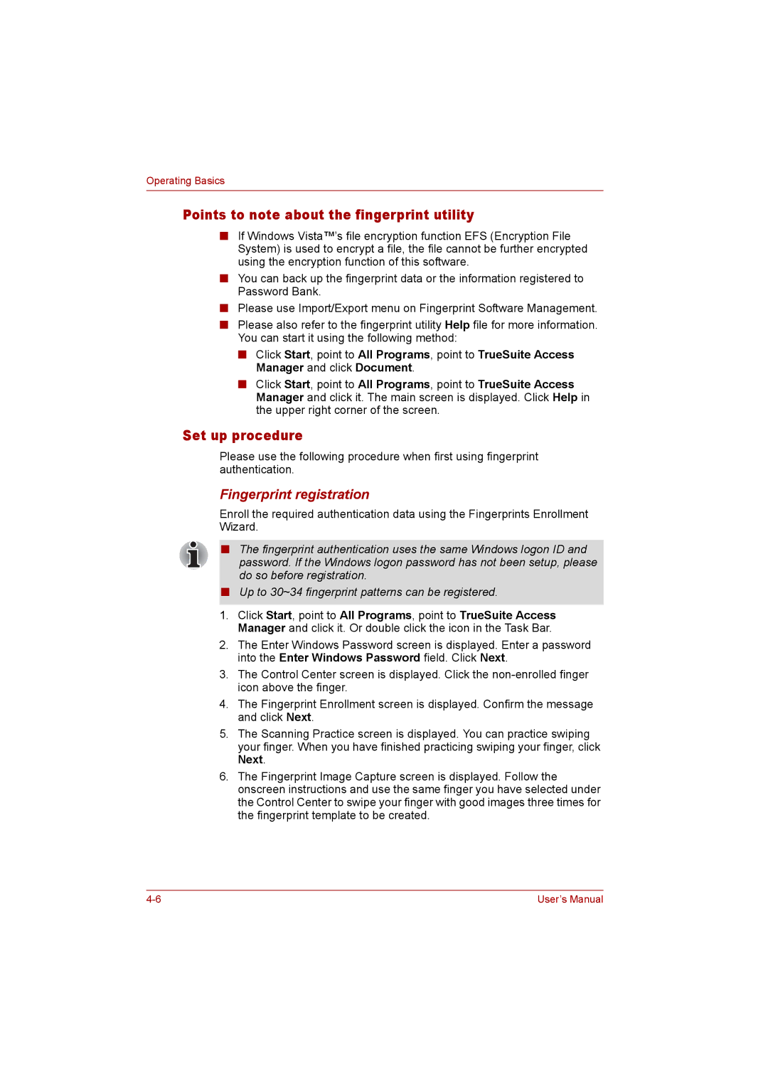 Toshiba P300 user manual Points to note about the fingerprint utility, Set up procedure, Fingerprint registration 