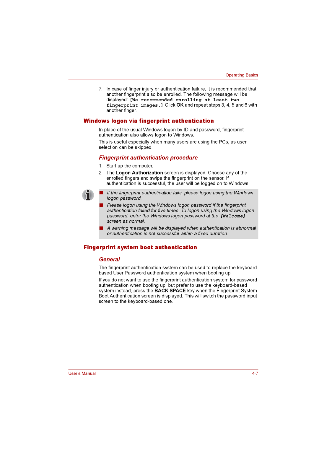 Toshiba P300 user manual Windows logon via fingerprint authentication, Fingerprint system boot authentication, General 