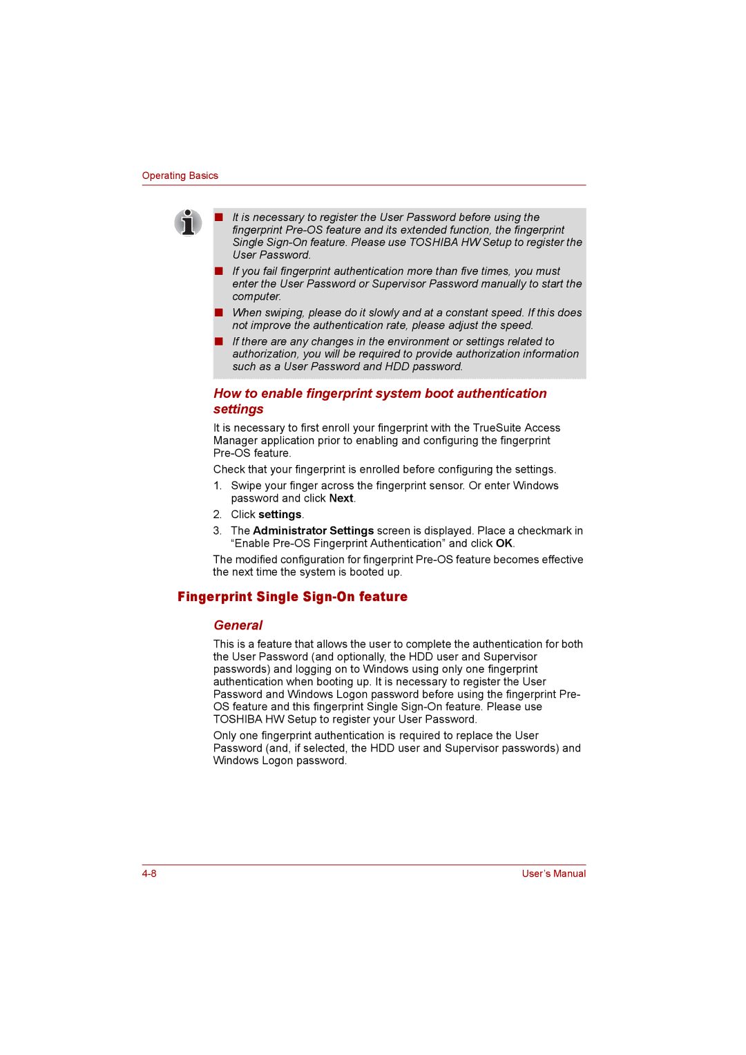 Toshiba P300 user manual Fingerprint Single Sign-On feature, Click settings 