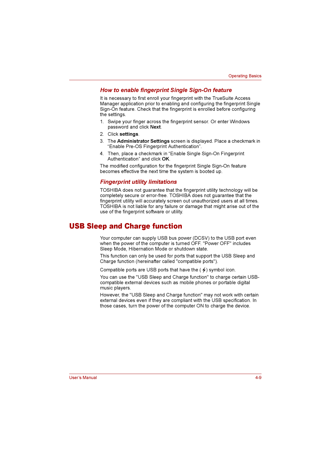 Toshiba P300 user manual USB Sleep and Charge function, How to enable fingerprint Single Sign-On feature 