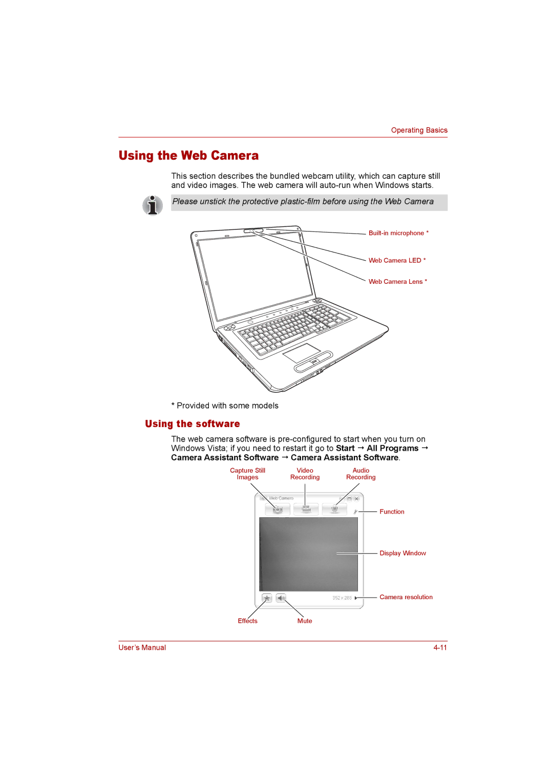 Toshiba P300 user manual Using the Web Camera, Using the software 