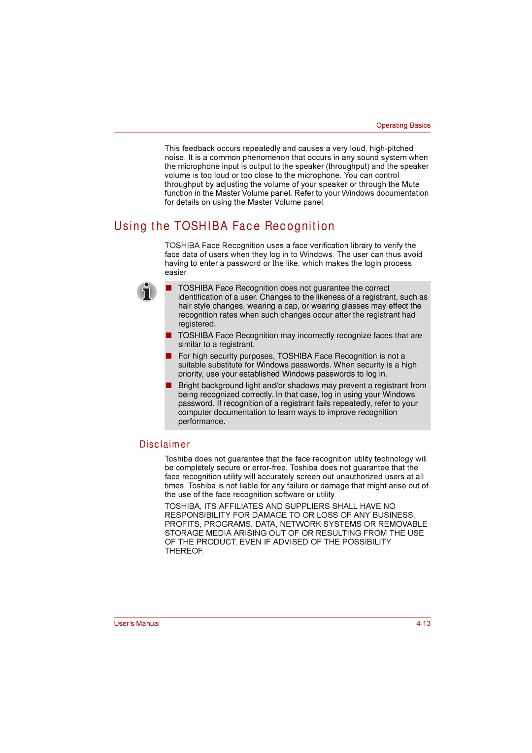 Toshiba P300 user manual Using the Toshiba Face Recognition, Disclaimer 