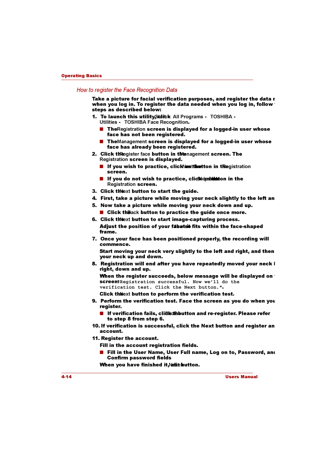 Toshiba P300 user manual How to register the Face Recognition Data 